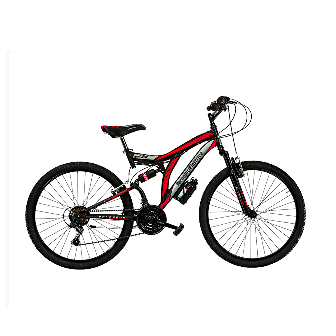 Mountain bike biammortizzata 26 pollici, nero e rosso - Tecnobicielettrica
